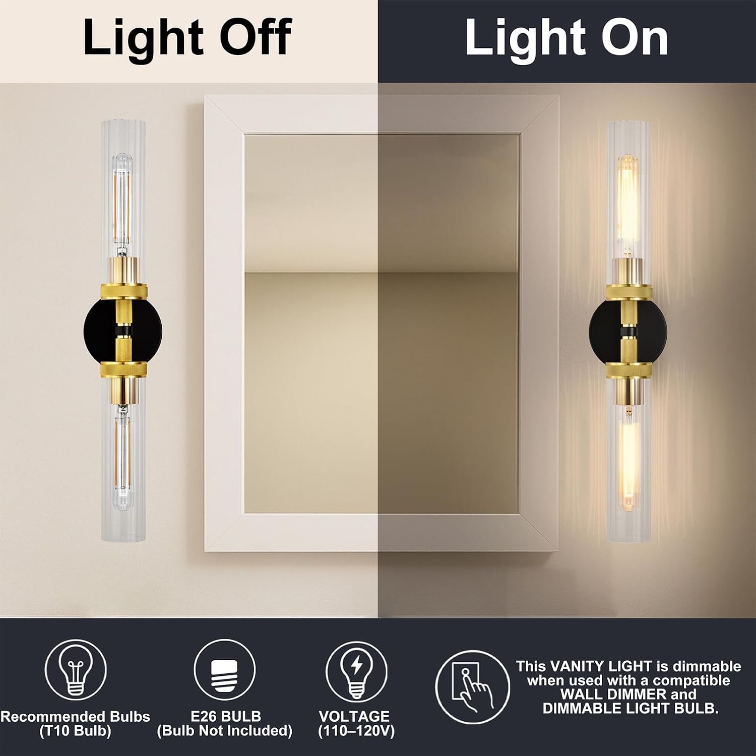 LaLuLa Black and Gold Vanity Light Fixtures 2-Pack – Modern Hardwired Dual-Light Wall Sconces with Rippled Glass Shades, Textured Metal Bathroom Lighting for Over Mirror or Hallway, 25' Height