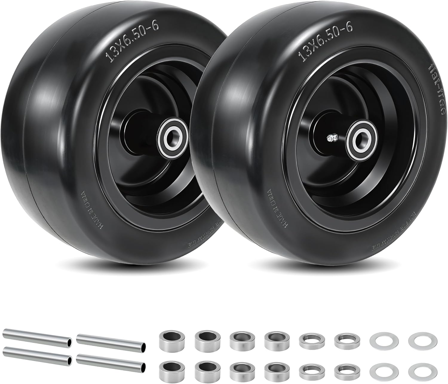 2 Pcs 13x6.50-6 Flat Free Lawn Mower Tire and Wheel, with 3/4' Bearings & Extra 1/2' & 5/8' Sleeves, 5.5'-7.88' Centered Hub, 13x6.5-6 Solid Smooth Front Tire for Zero Turn Lawn Mowers, 500lbs Load
