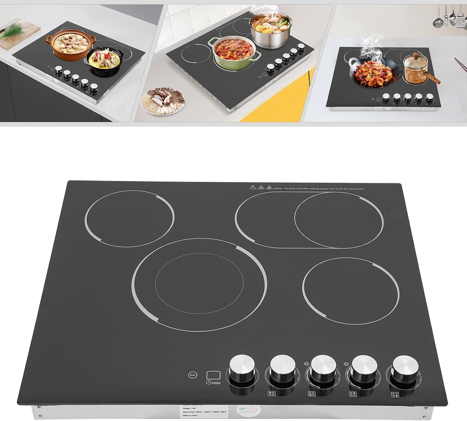 Induction Cooker, Built-In Electric Cooktop 4 Burners Electric Stove Top, 3400W Microcrystalline Panel Cooktop, 5 Power Levels, Knob Control, LED Screen, Child Safety Lock,110V