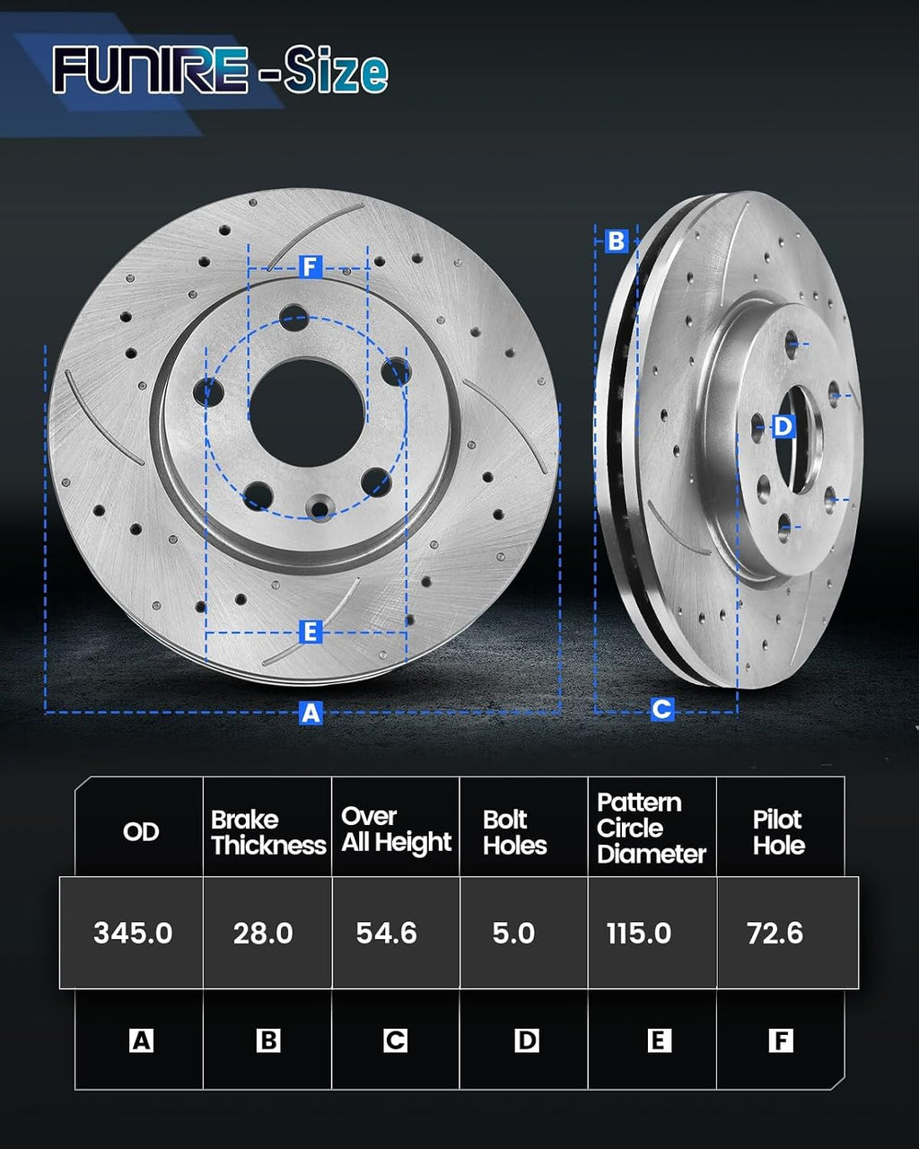 Brake Pads And Rotors Kit Compatible With 2006-2023 Dodge Charger, AWD 345mm(13.6in) Front Rotor, 53023 D1058-7965 Automotive Replacement Brake Kits Drilled And Slotted Rotors
