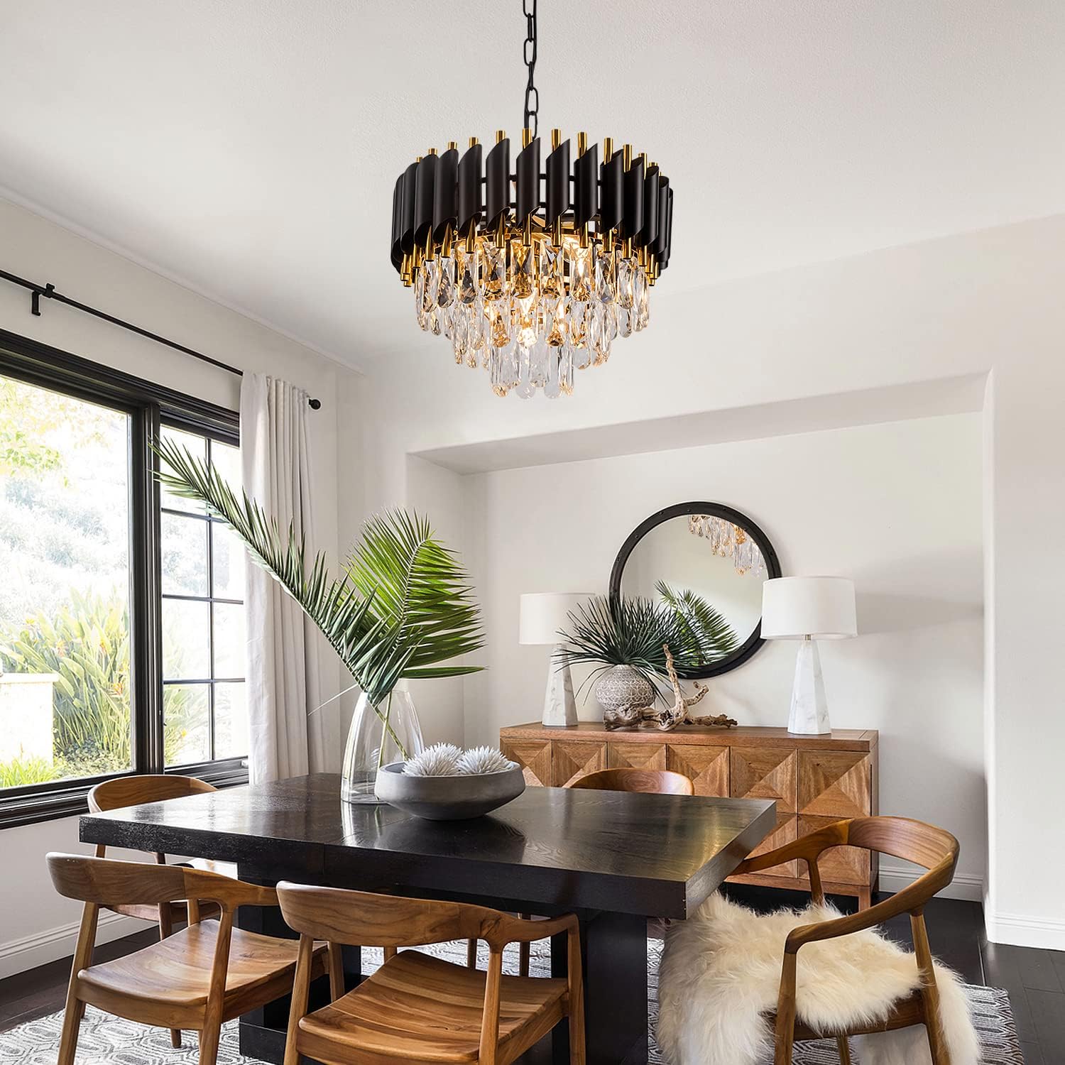 3-Tier Black Gold Crystal Chandelier 5-Light 15'' Modern Crystal Pendant Chandelier Ceiling Light Fixture Hanging Lighting for Kitchen Island Dining Room Foyer Entryway Bedroom