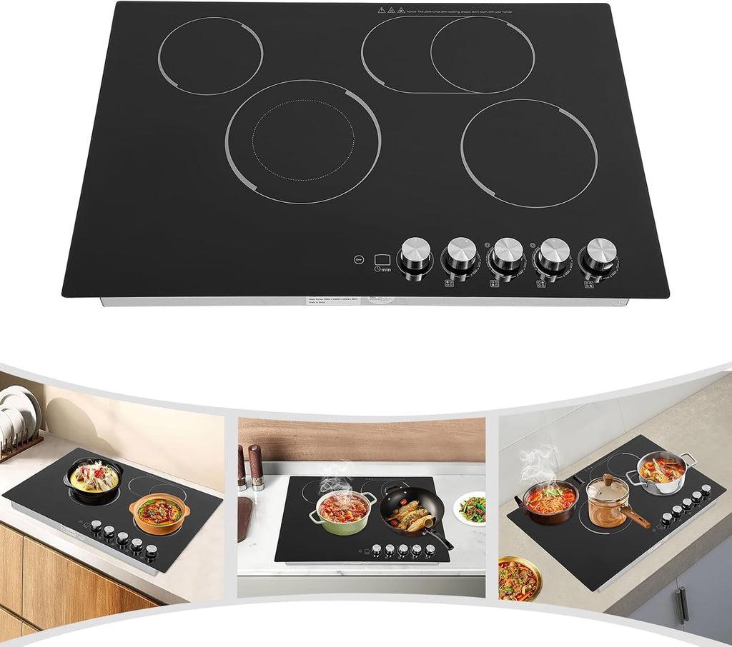 30 Inch Electric Cooktop, 4 Burner Electric Stove Top Knob Control, Built-in Ceramic Stovetop Burner, 5 Power Levels, Dual Oval Zone, Timer & Safety Lock, Hot Surface Indicator, 110V