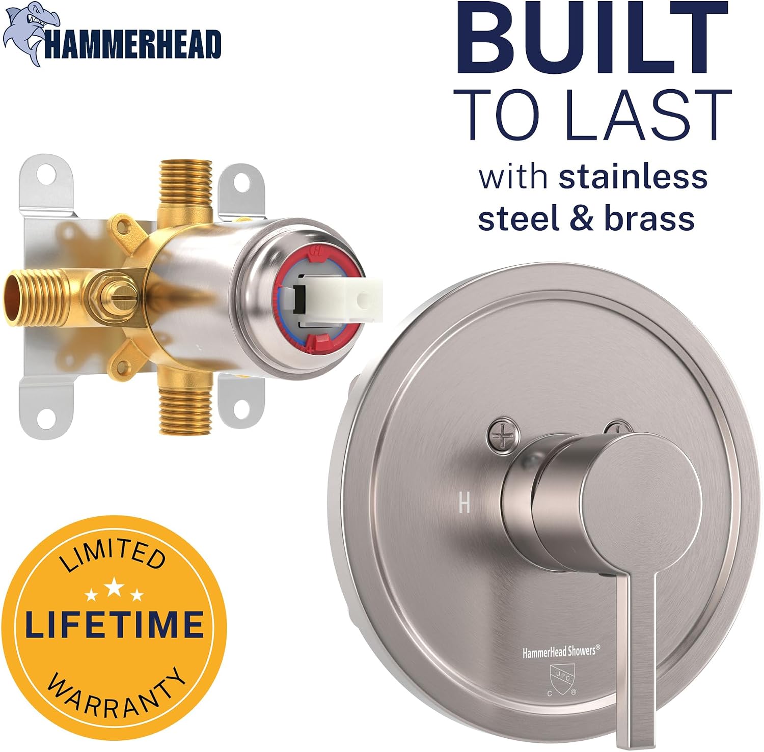 HammerHead Showers Solid Metal Single-Handle Trim Kit with Rough-In Shower Valve, Volume and Temperature Control, Pressure Balance, Brushed Nickel