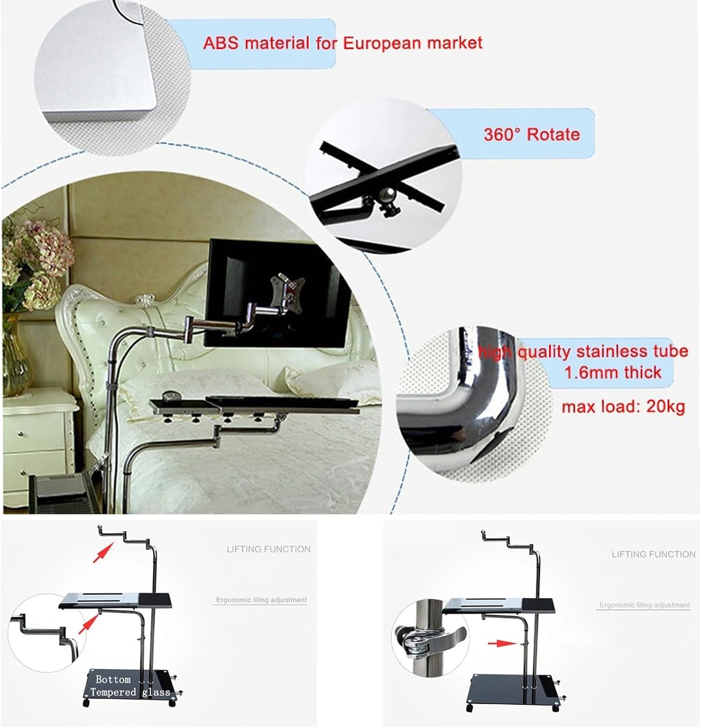 OK610 OK611 - Bedside Moving Laptop Stand Adjustable Sofa Computer Monitor Holder Mount +Keyboard Holder Rotating Laptop Table Lapdesks (OK611W)