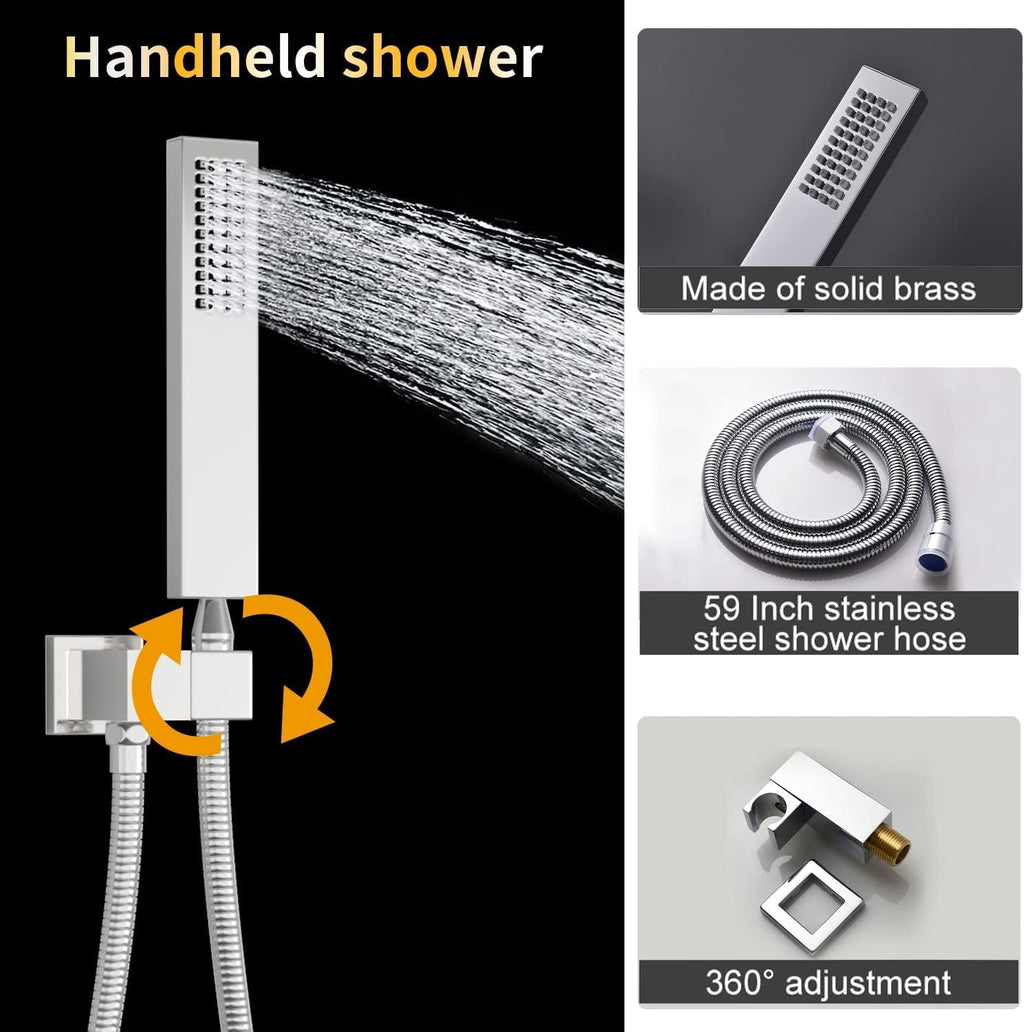 AYIVG Chrome 4 Function Dual Shower Head System 16 X 24 Inch Rainfall Waterfall And 8 Inch Wall Mount With Handheld shower head Digital Display Shower Valve Set