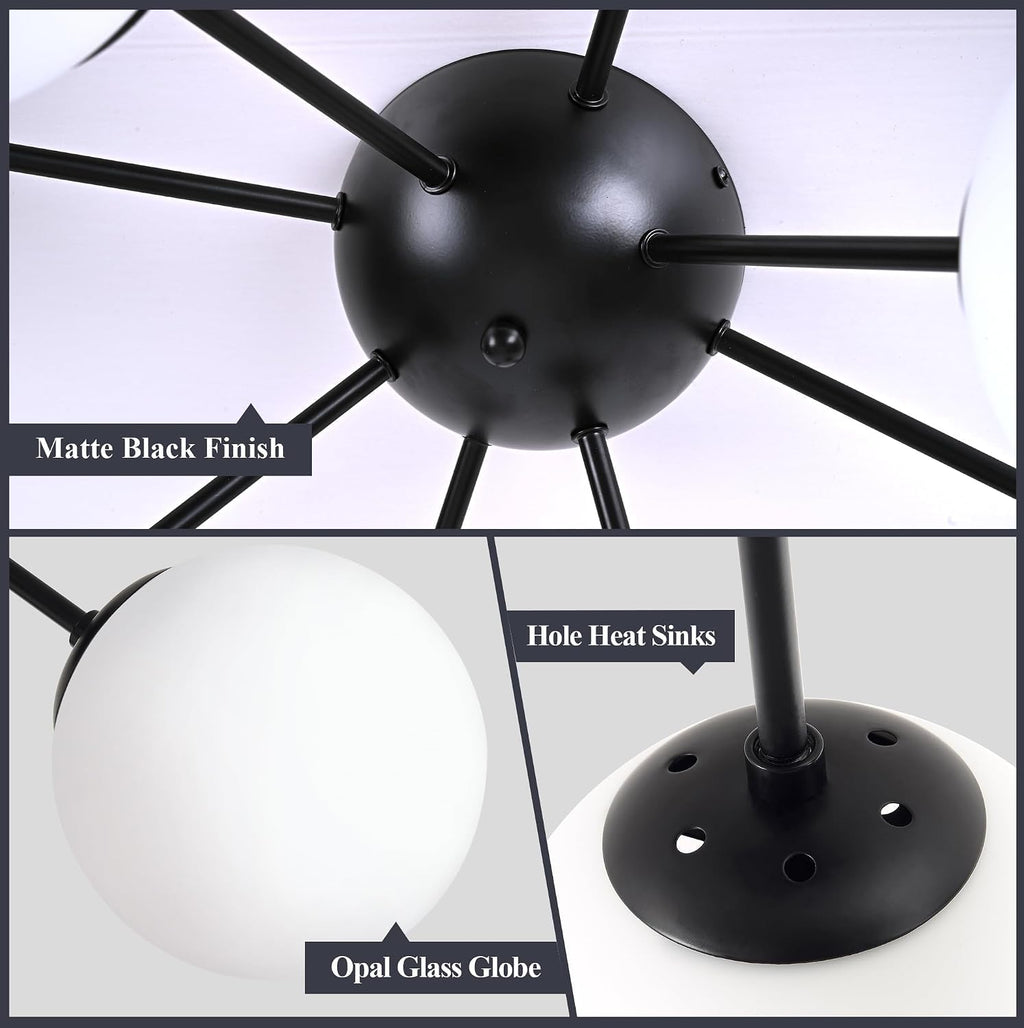 Bagood 8 Light Mid Century Modern Semi Flush Mount Ceiling Light Fixture Globe Ceiling Light Sputnik Chandelier with Milk Glass Shade Matte Black Finish for Bedroom Hallway Dining Room Living Room