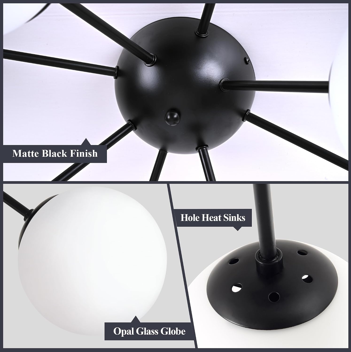 Bagood 8 Light Mid Century Modern Semi Flush Mount Ceiling Light Fixture Globe Ceiling Light Sputnik Chandelier with Milk Glass Shade Matte Black Finish for Bedroom Hallway Dining Room Living Room