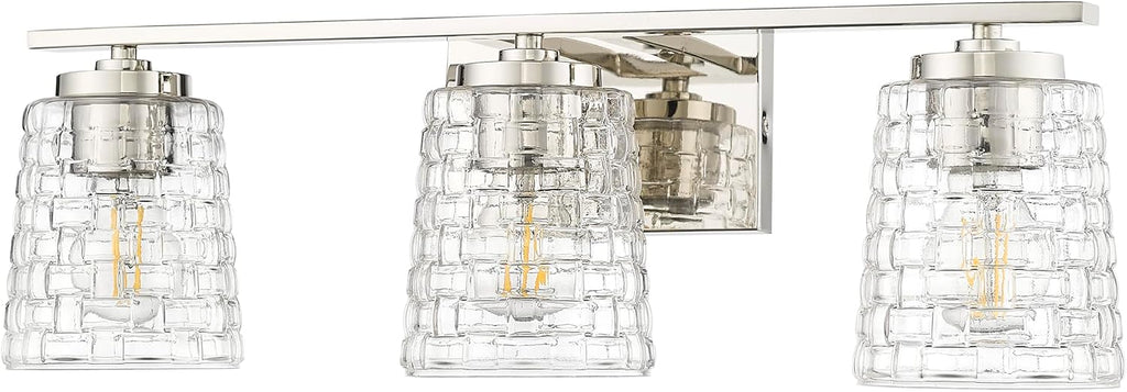 ML Lighting | Saben Collection | 22103-PN | 3 Light Vanity in Polished Nickel Finish with Clear Woven Glass Shade | Versatile Design That adds High-End Texture and Elegance to Your Bathroom