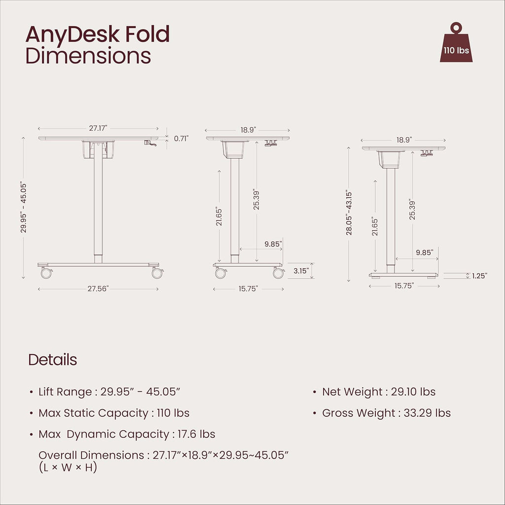 TopJob ANYDESK FOLD Mobile Standing Desk, Portable with Lockable Wheels, Foldable Stand Desk, Rolling Computer Workstations, Used for Home, Couch Side Table, Bedside Table in Bed Room Kitchen (Black)