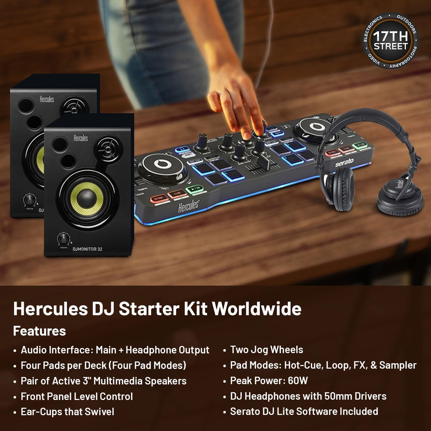 Hercules DJ Starter Kit - Starlight USB DJ Controller with On-Stage Laptop Stand, Waith Hard Carry Travel Case and Waith Cleaning Cloth - Serato DJ Lite Software Include (Bundle Set)