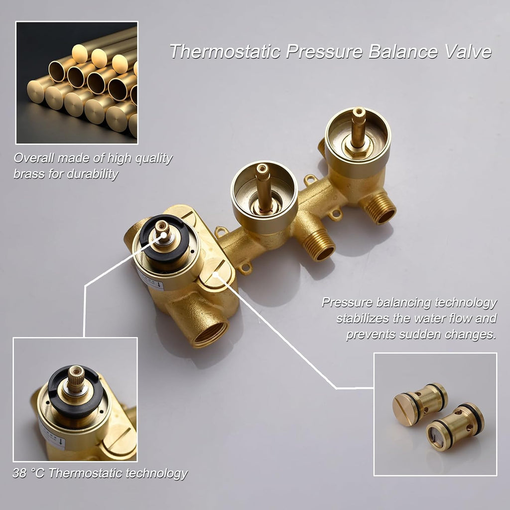 Thermosttic Shower Faucet Set Brushed Gold Shower System with 12 and 8 inch Rain Shower Head, 4 Body Jets, Handheld Spray