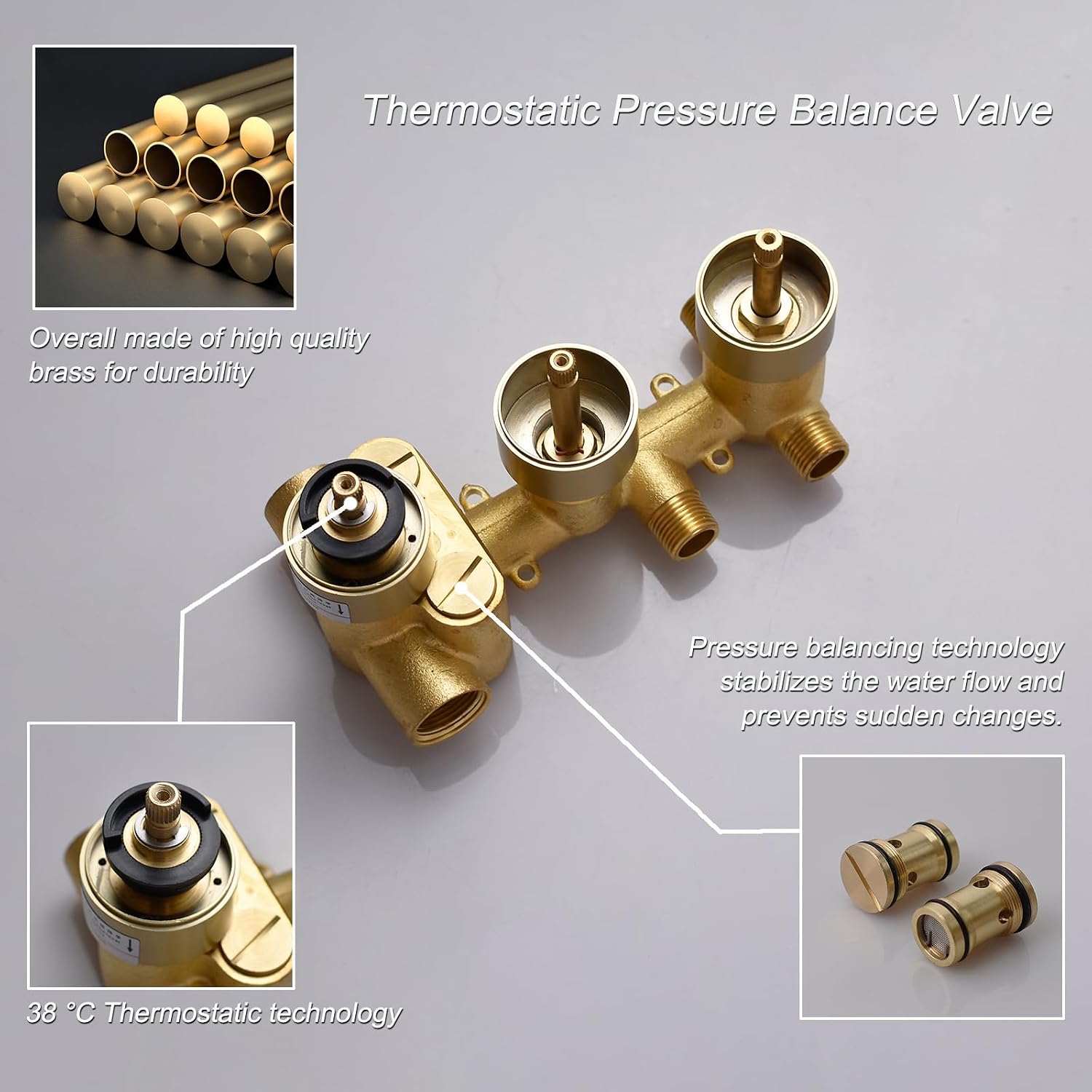 Thermosttic Shower Faucet Set Brushed Gold Shower System with 12 and 8 inch Rain Shower Head, 4 Body Jets, Handheld Spray