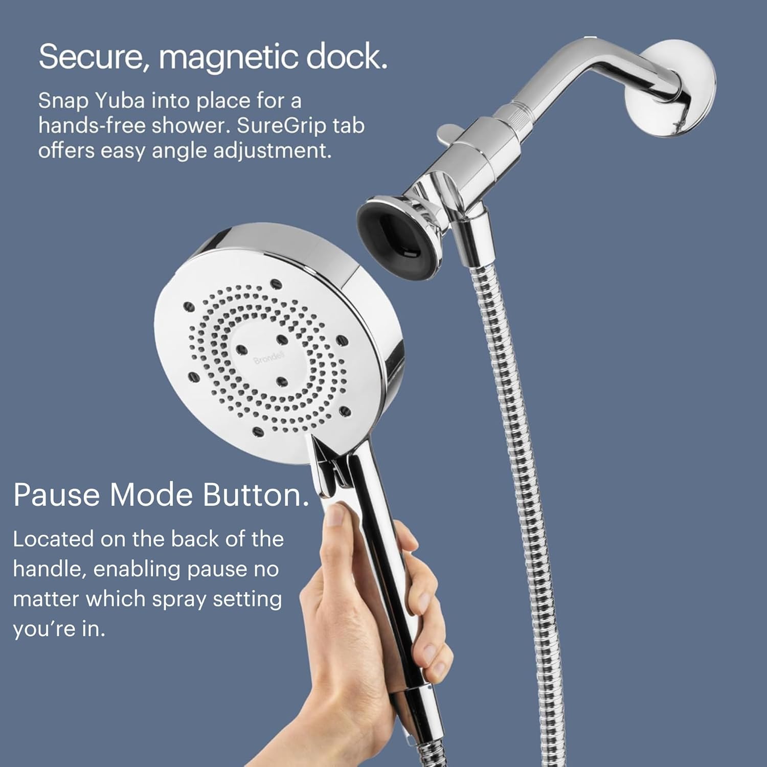 Brondell Nebia Yuba HaloNetic Double Dock Magnetic Handheld Shower Head, 60' Stainless Steel Hose, 5-Setting, Matte Gold