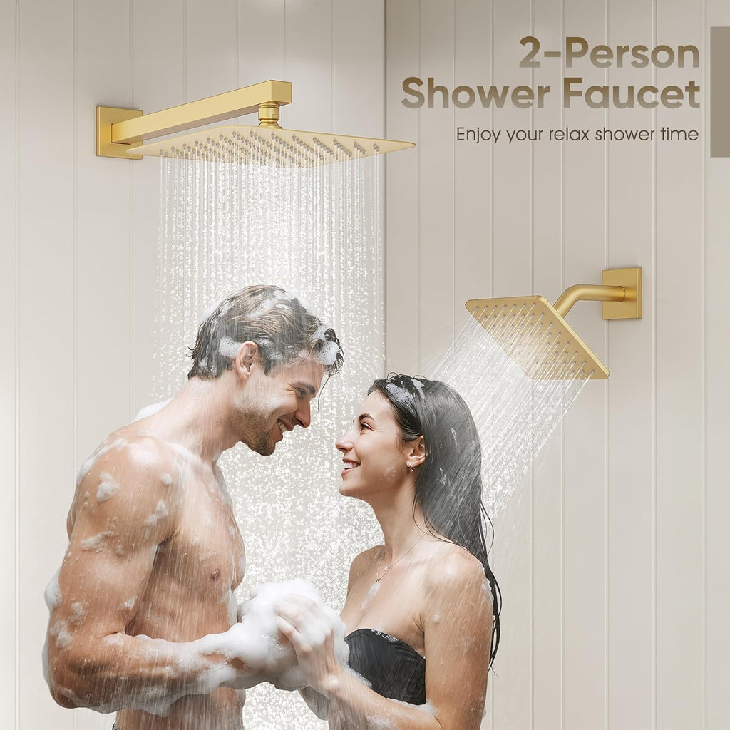 Shower Faucet Set Brushed Gold, 10+8' Dual Rain Shower Head with Handheld Spray for Two People,Wall Mount Rainfall 3 Way Shower Valve and Trim Kit Complete