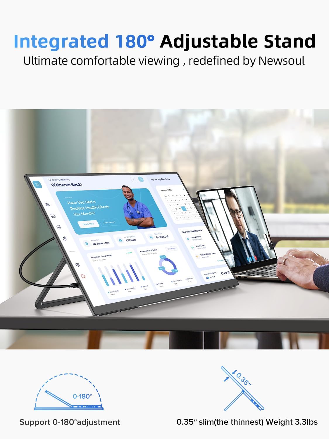 21.5'' Large Portable Monitor for Laptop 100Hz Ultra-Fast IPS Gaming Monitor, QLED 125%sRGB | 2000:1 Contrast | Built-in Stand, Speaker and VESA, USB-C HDMI Second Screen Efficient Work Gaming