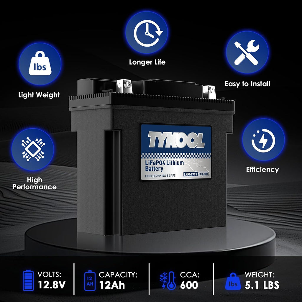 TYKOOL LFP51913 Lithium Motorcycle Battery, Replaces 51913 YT19BL-BS PC680, 600CCA 12Ah, Fits for BMW R1150RT R1150GS R1200RT R1200C K1200LT K1200GT Moto Guzzi California 1100, Digital Readout [- +]