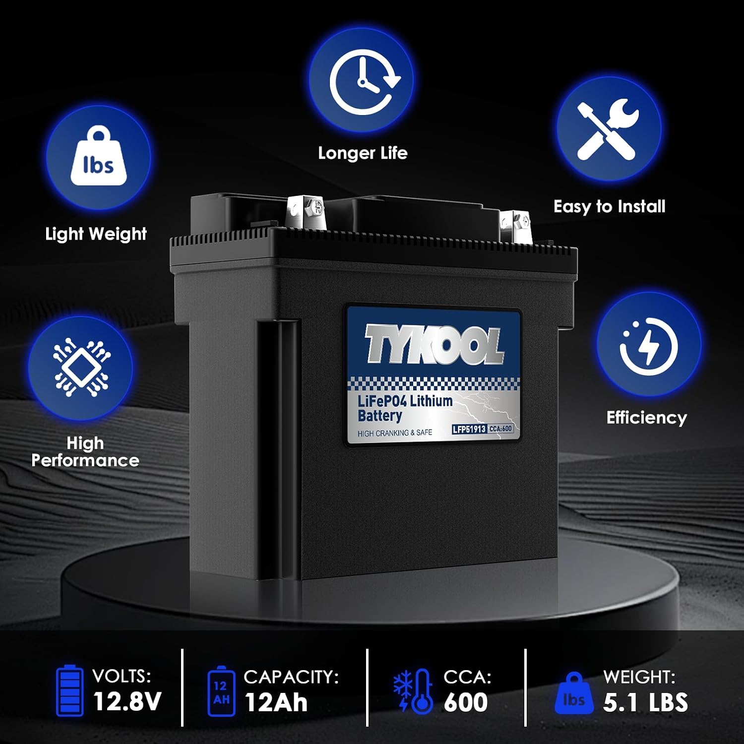 TYKOOL LFP51913 Lithium Motorcycle Battery, Replaces 51913 YT19BL-BS PC680, 600CCA 12Ah, Fits for BMW R1150RT R1150GS R1200RT R1200C K1200LT K1200GT Moto Guzzi California 1100, Digital Readout [- +]