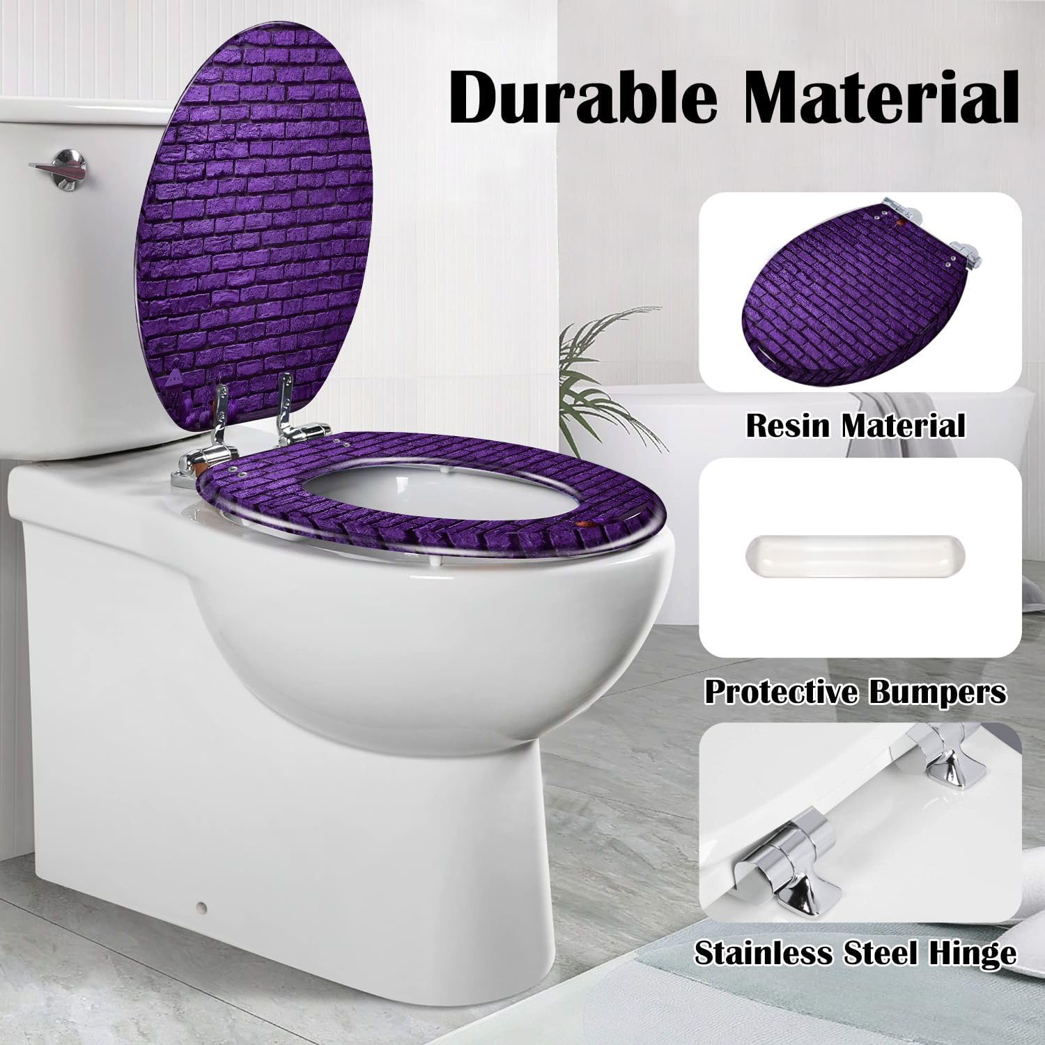Elongated Toilet Seat Violet brick wall Halloween day Resin Toilet Seat Slow Quiet Close Lid with Quick-Release Hinges Cover Bumpers Easy to Clean Install