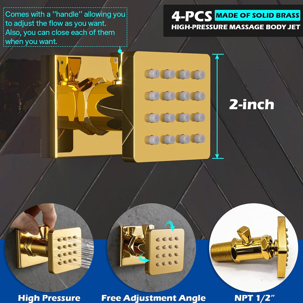 ENGA Bright Gold Dual Rain LED Shower System, 14'x20' Shower Head + 6' Wall Shower, 4 Body Jets with Individual On/Off & Adjustable Water Pressure, Rainfall Shower Faucet Set