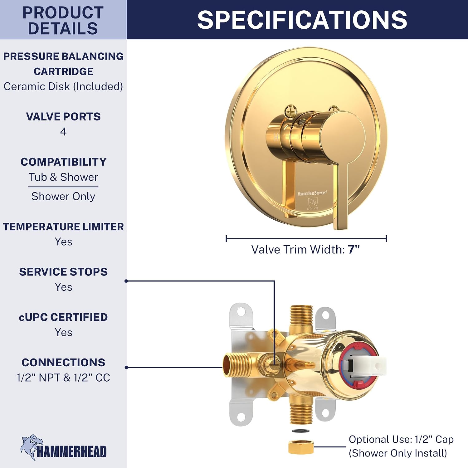 HammerHead Showers Solid Metal Single-Handle Trim Kit with Rough-In Shower Valve, Volume and Temperature Control, Pressure Balance, Polished Brass