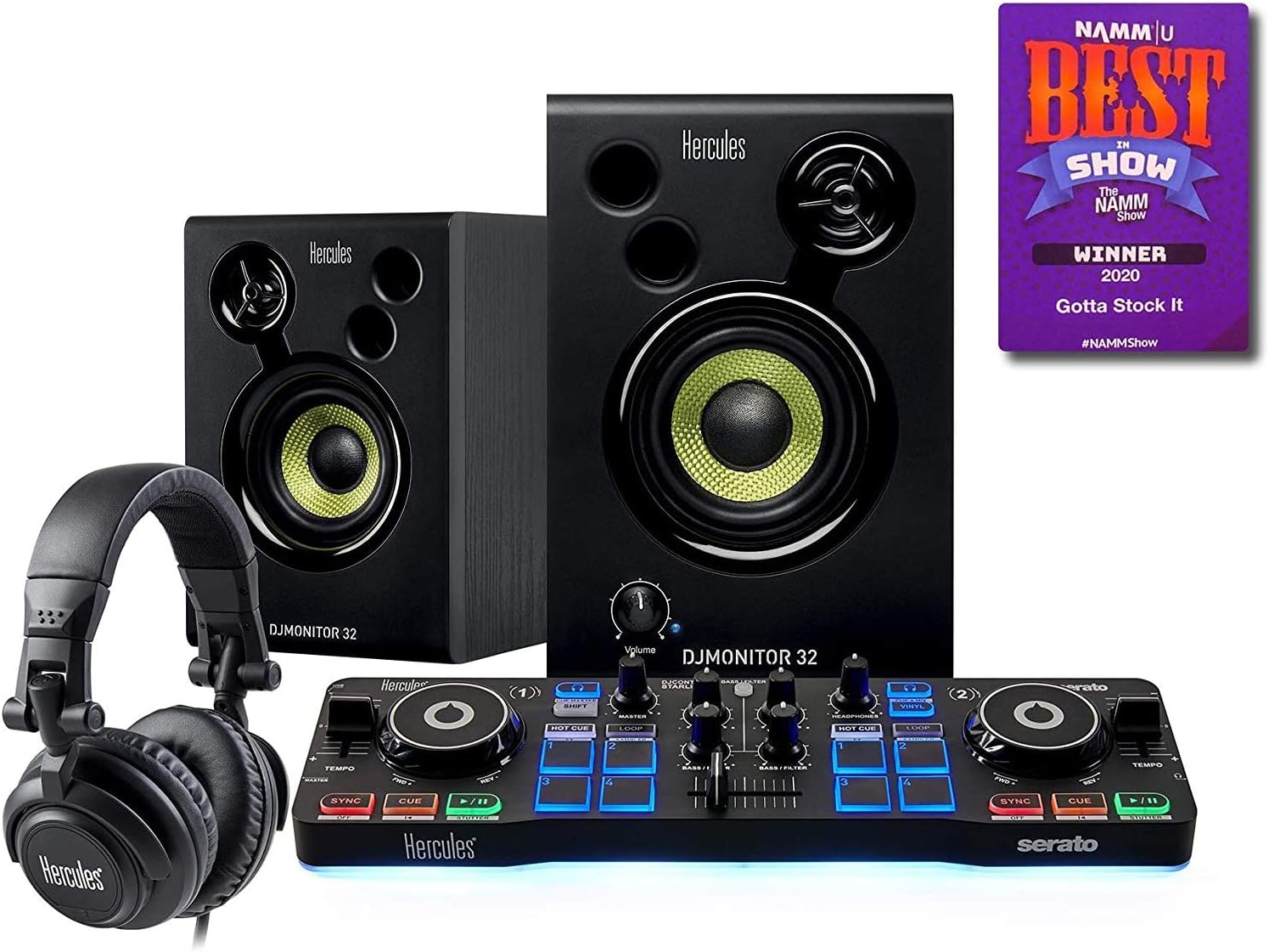 Hercules DJ Starter Kit with DJ Control Starlight, DJMonitor 32, HDP DJ M40.1 Headphones, & Serato DJ Lite + On-Stage Computer Laptop Audio Mixer, Lighting Controller, Midi Controller Stand
