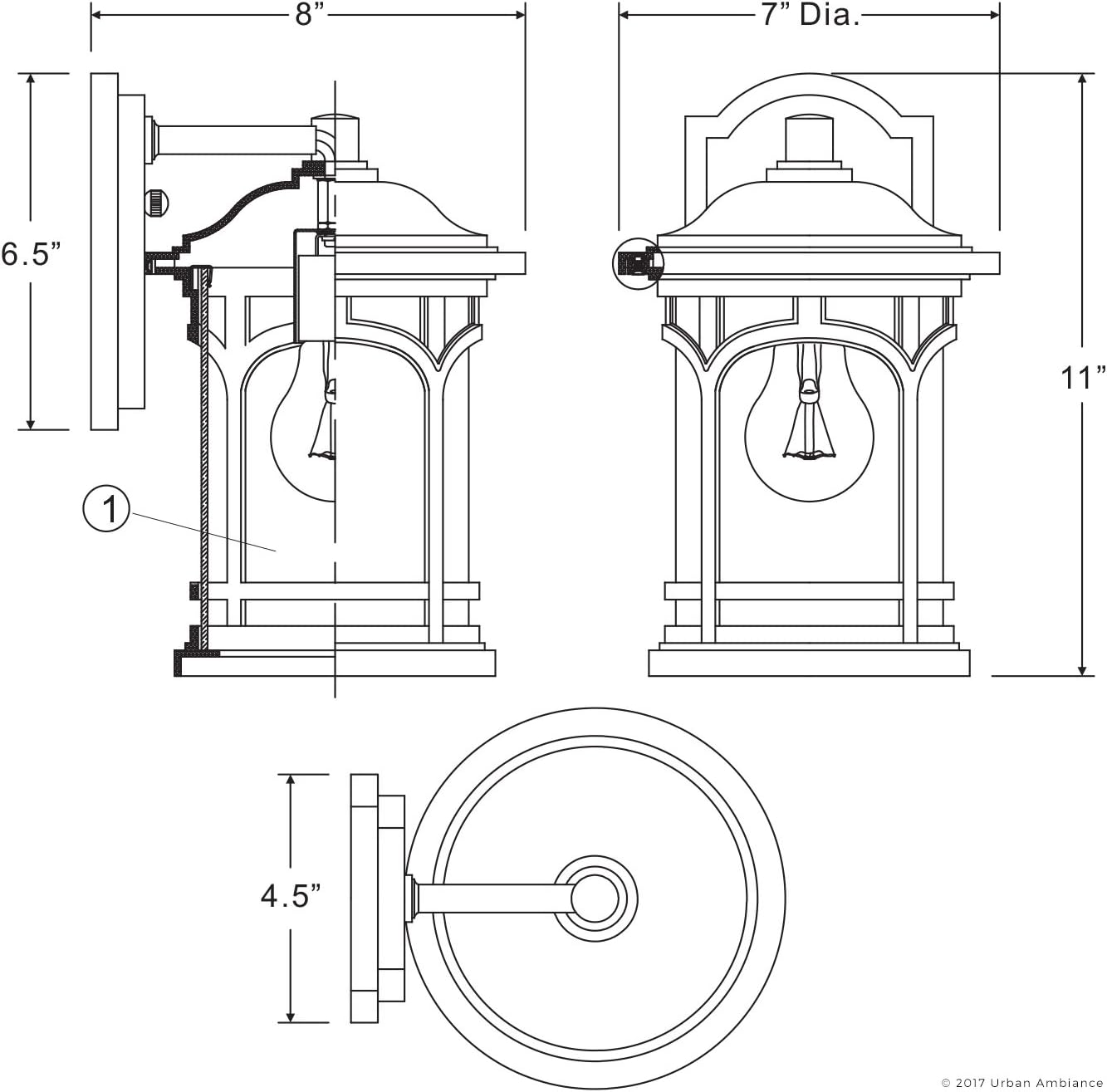 Urban Ambiance Luxury Rustic Outdoor Wall Light, Small Size: 11' H x 7' W, with Colonial Style Elements, Wrought Iron Design, High-End Black Silk Finish and Seeded Glass, UQL1100