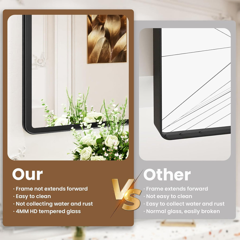 pertetey New Upgrade Bathroom Mirror, 60X40 Inch Black Metal Frame Wall Mounted Rounded Rectangle Bathroom Vanity Mirror with Tempered Glass for Washroom Bedroom Living Room