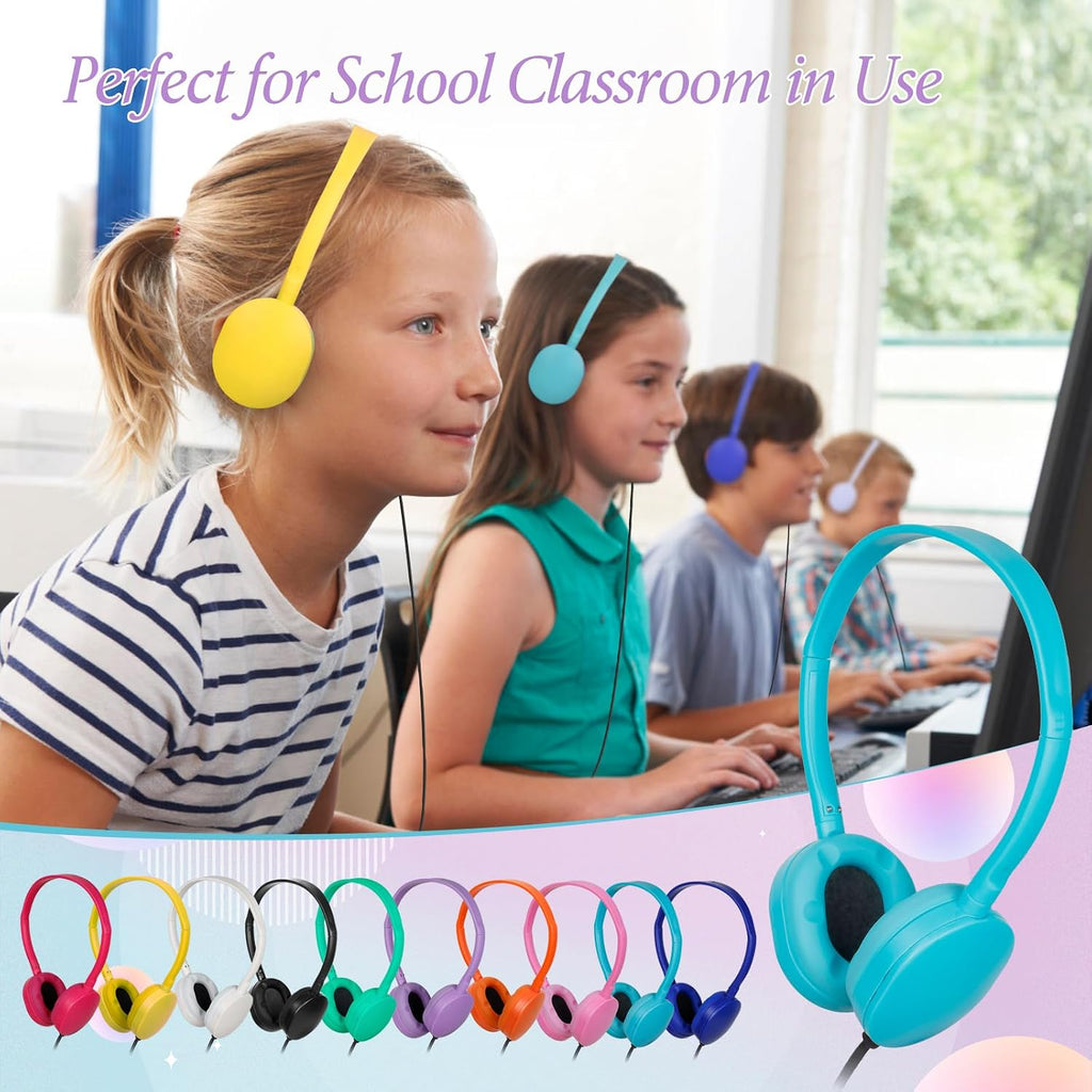 Classroom Kids Headphones Bulk 100 Pack Class Set of Headphones for Students Children Boys Girls Teen Adult,Group Learning, Computer Lab, Library, Online Lesson and Testing (10 Colors)