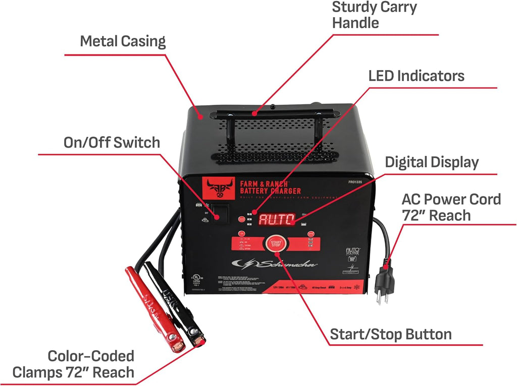 Schumacher Electric Farm & Ranch 6A Car Battery Charger and 200A Engine Starter, 4-in-1 Solution, Maintainer, 40A Boost, for 6V/12V Power Sport, Automotive, and Marine Batteries, FR01335