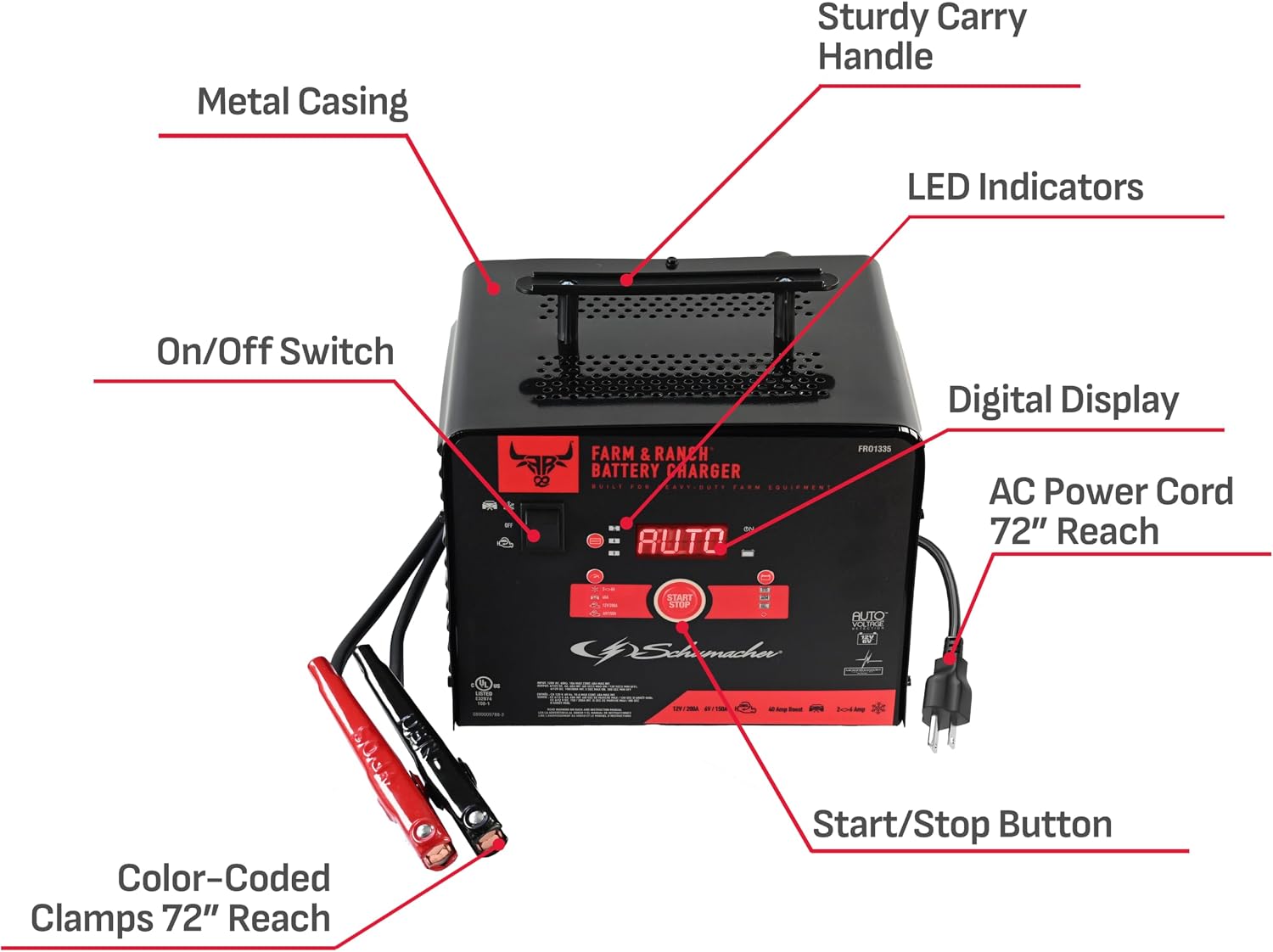Schumacher Electric Farm & Ranch 6A Car Battery Charger and 200A Engine Starter, 4-in-1 Solution, Maintainer, 40A Boost, for 6V/12V Power Sport, Automotive, and Marine Batteries, FR01335