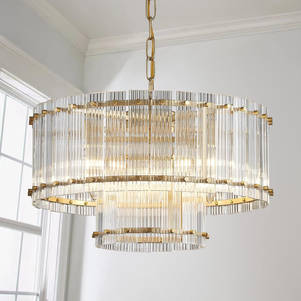 Saint Mossi Drum Glass Chandelier for Dining Room, 7 Light Gold Pendant Chandelier Light Fixture, Doule Layer Design, D18 x H10, Adjustable 59' Chains, Ripple Glass Shade & Gold Finish Metal Frame