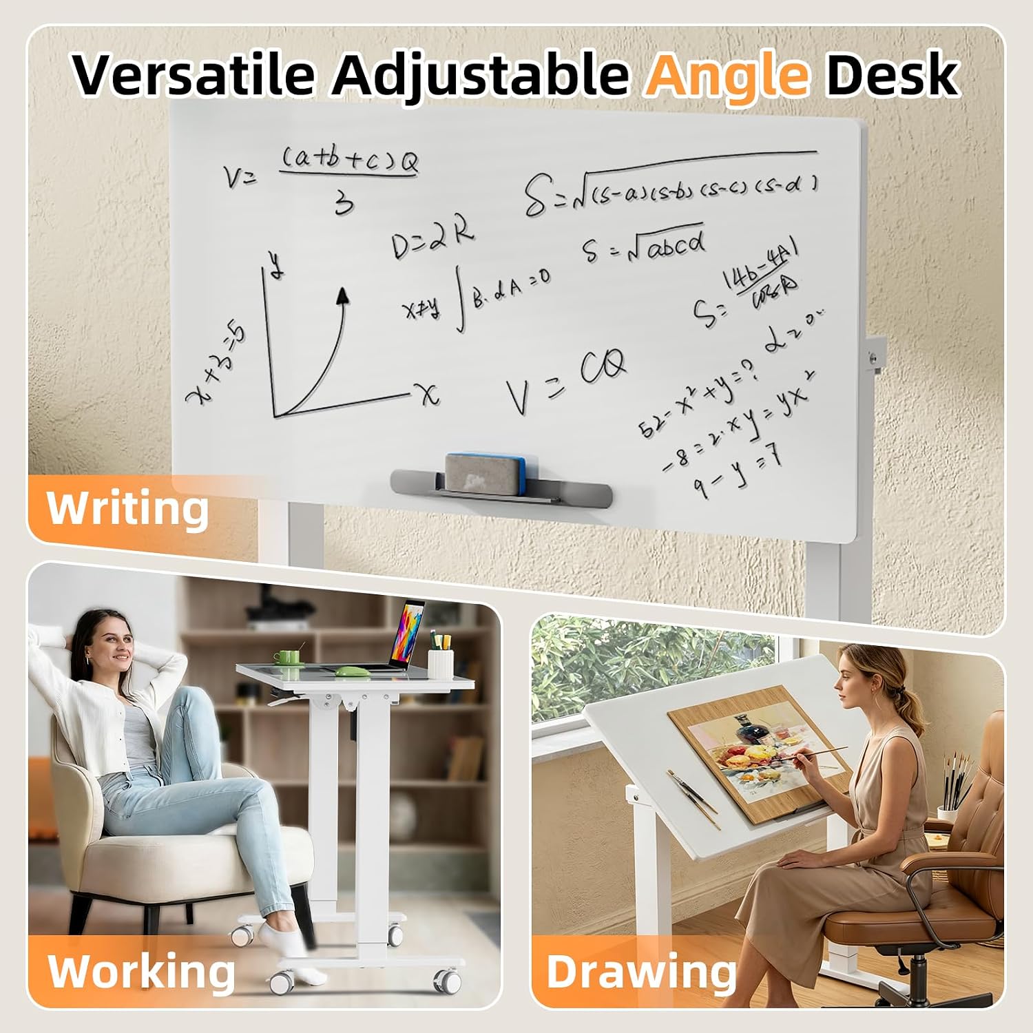 40inch Glass Standing Desk, 90° Tiltable Drafting Table Height Adjustable, Whole Piece Rolling Laptop Desk with Wheels, Foldable Mobile Rising Desk for Working, Drawing, Crafting, White