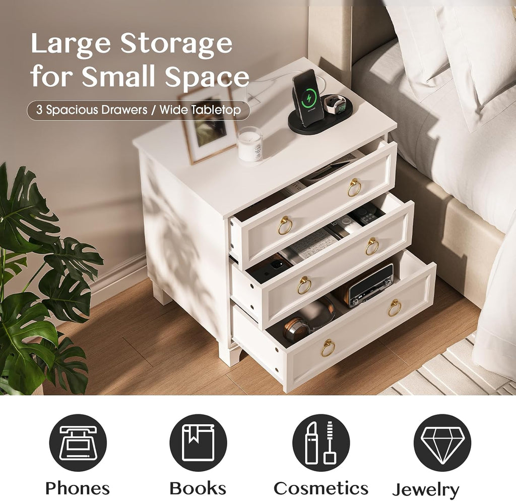 JOINICE White Night Stand with Charging Station, Modern Nightstand with 3 Drawer Storage, Large Bedside Table with Wide Desktop, 24'' Tall Sofa End Table for Bedroom, Home Office, White