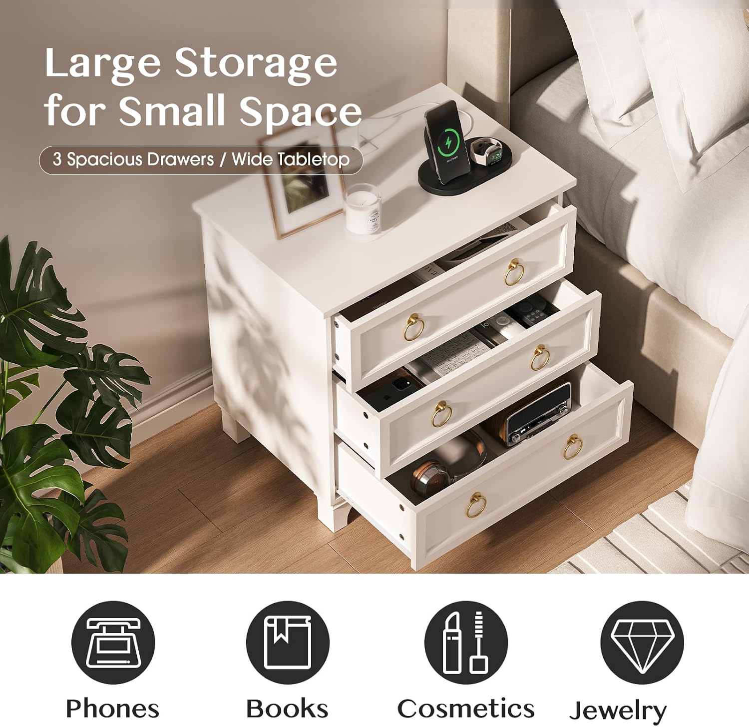JOINICE White Night Stand with Charging Station, Modern Nightstand with 3 Drawer Storage, Large Bedside Table with Wide Desktop, 24'' Tall Sofa End Table for Bedroom, Home Office, White