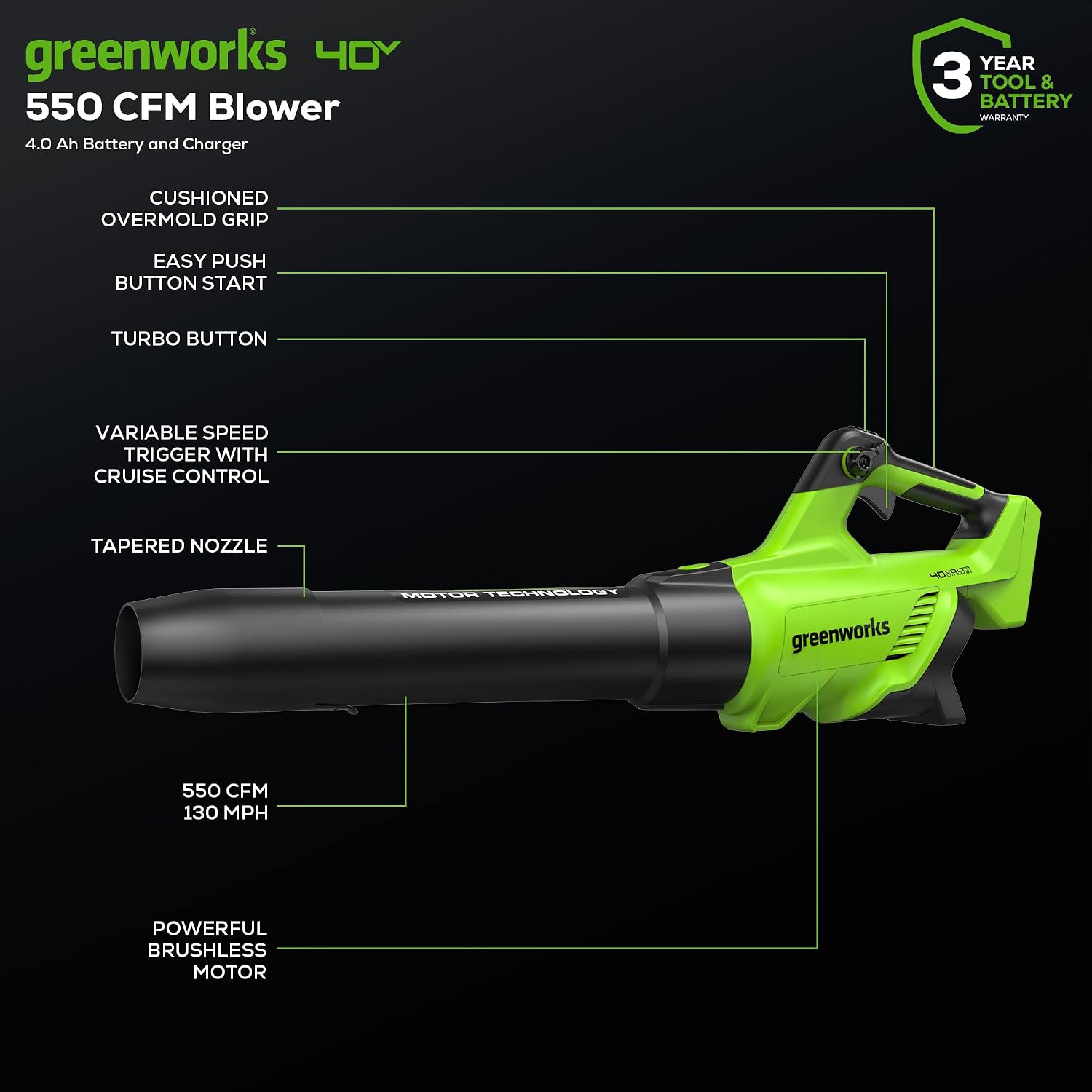 Greenworks 40V (130 MPH / 550 CFM ) Brushless Axial Leaf Blower, Ultra-Powerful for Wet Leaves, Heavy Debris, Gravel and Driveway Snow, Includes 4.0Ah Battery and Charger