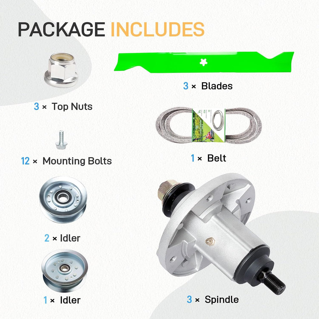 48 inch Lawn Mower Rebuild Spindle Kit for John Dee re LA145 LA165 LA155 LA130 Includes 3 Spindle GY20454 GY21098 GY20867 3 Blade AM141035 GY20852 1 Be lt GX20571 2 Idler GY20067 1 Idler GY20110