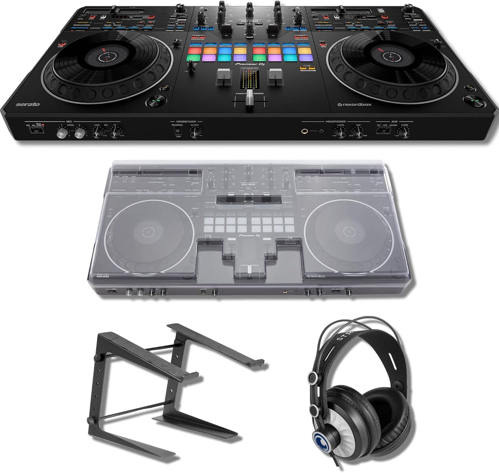 Pioneer DDJ-REV5 4-deck DJ Controller with Decksaver DS-PC-DDJREV5 Polycarbonate Cover, Cans50 Professional Headphones and LPT5000 Laptop Stand