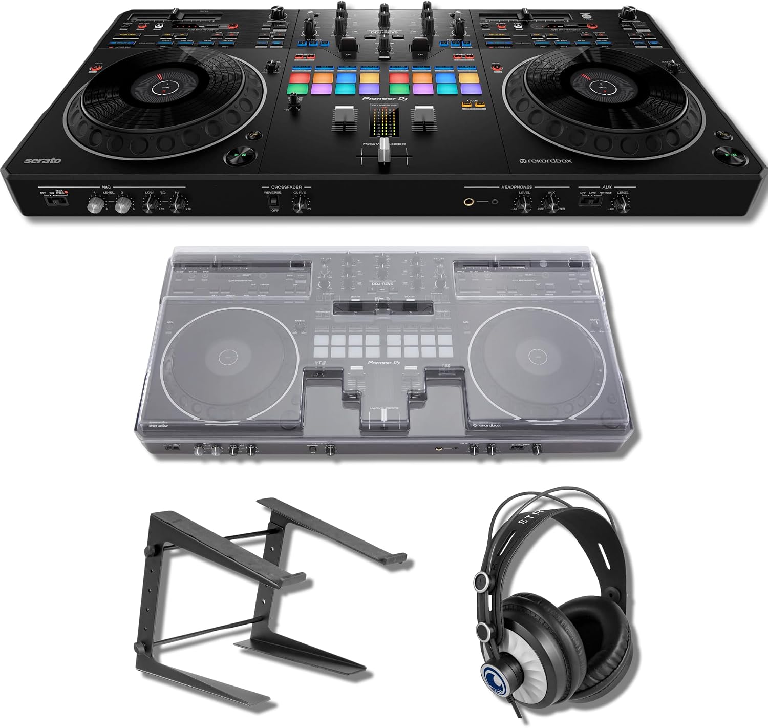 Pioneer DDJ-REV5 4-deck DJ Controller with Decksaver DS-PC-DDJREV5 Polycarbonate Cover, Cans50 Professional Headphones and LPT5000 Laptop Stand
