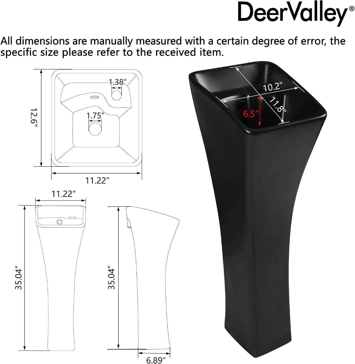 DeerValley Horizon Black Pedestal Sink 11x13 Inch, Modern Ceramic Bathroom Vanity with Overflow for Small Spaces