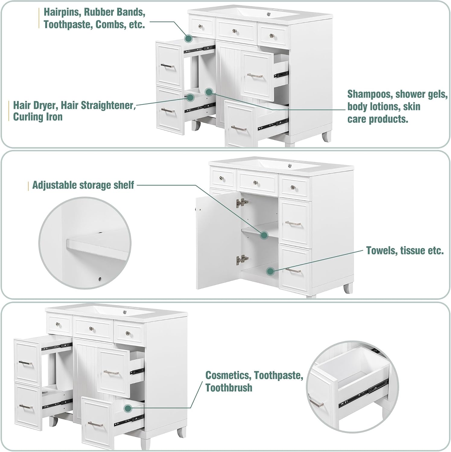 LUMISOL 36' Bathroom Vanity with Sink Top, Modern Bathroom Vanity with 3 Drawers & Cabinet, Solid Wood Bathroom Cabinet with Undermount Basin, White