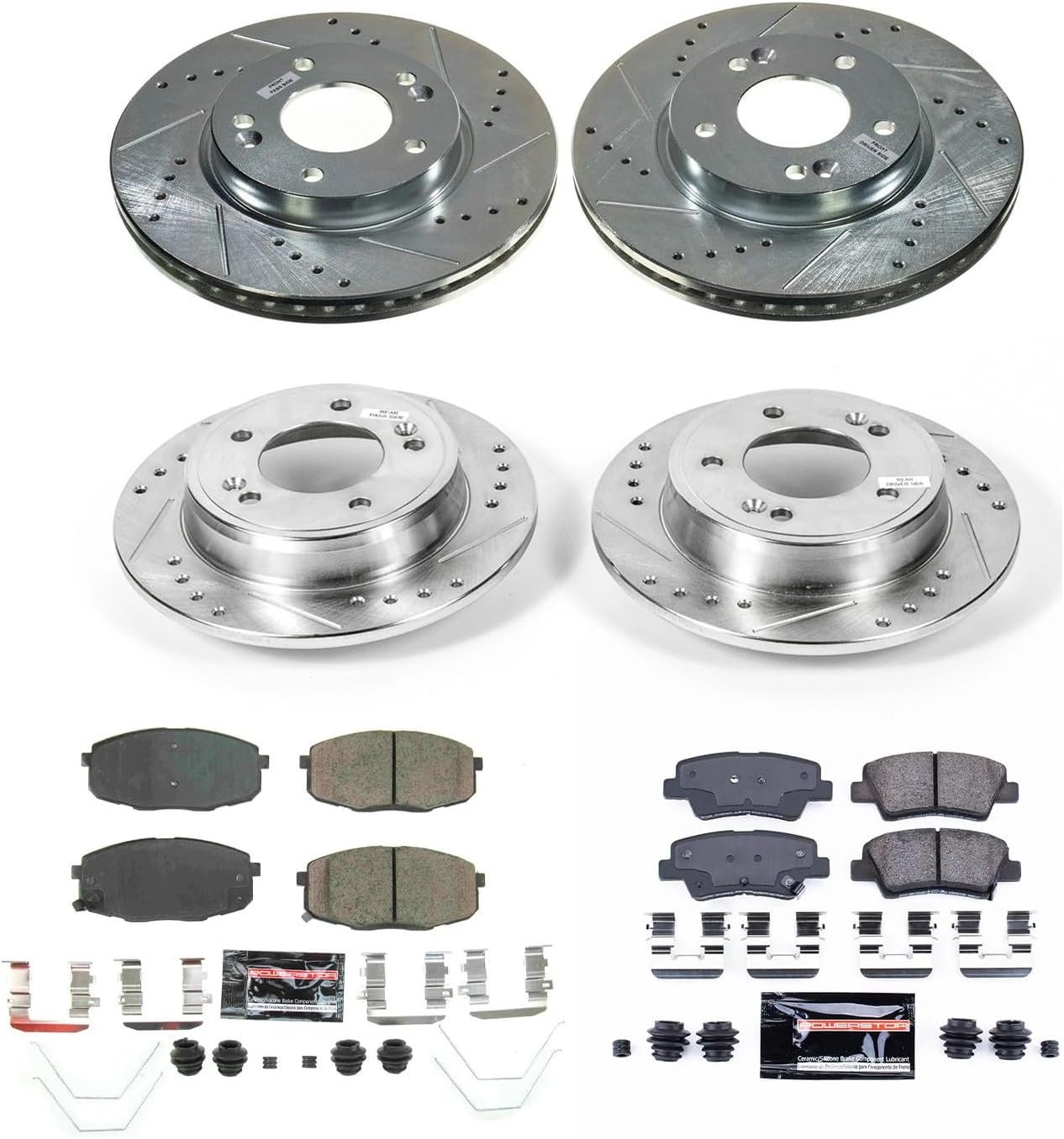 PowerStop Front and Rear Brake Kit for Kia Forte 2019-23 - Drilled and Slotted Disc Rotors with Carbon-Fiber Ceramic Brake Pads Replacement, K8810