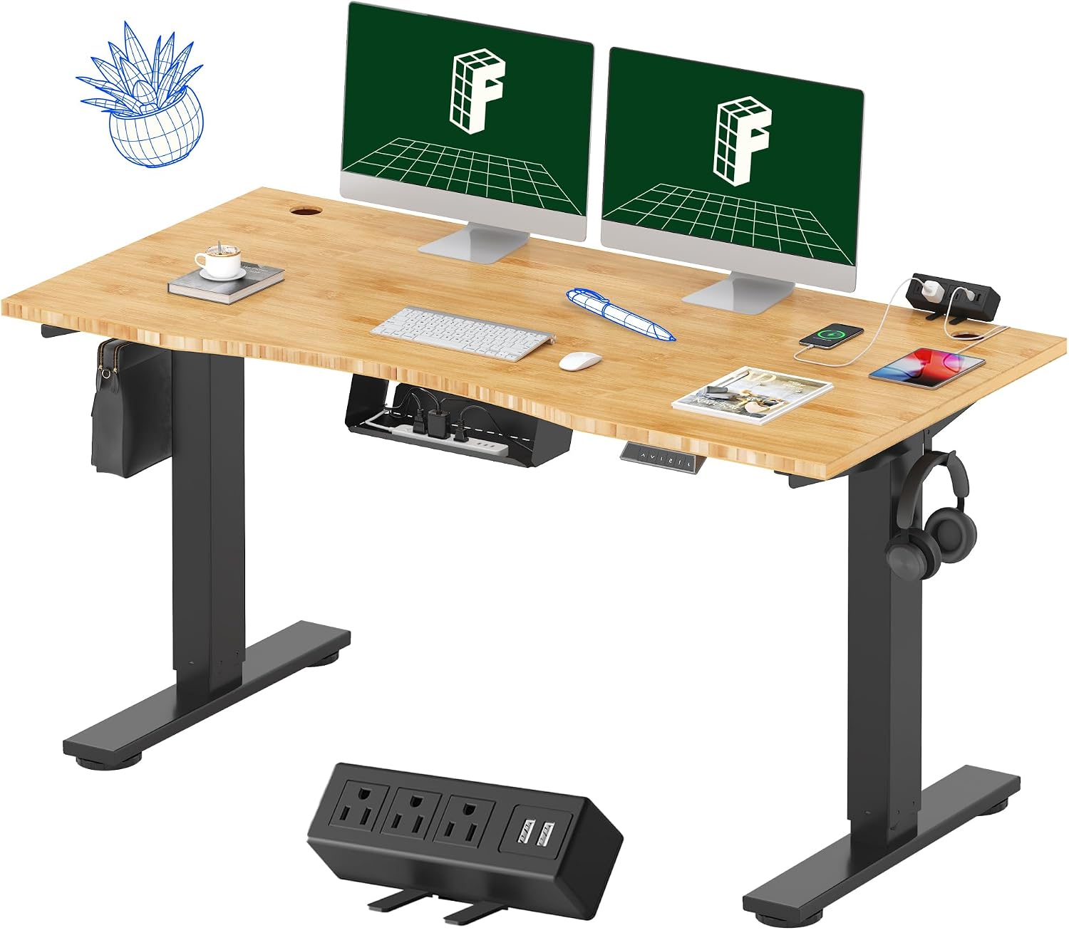 FLEXISPOT EN2 Bamboo Standing Desk with Clamp Power Strip, 55 x 28 Electric Stand Up Height Adjustable Desk with Cable Management (Black Frame + 55' Bamboo Top, 2 Packages)