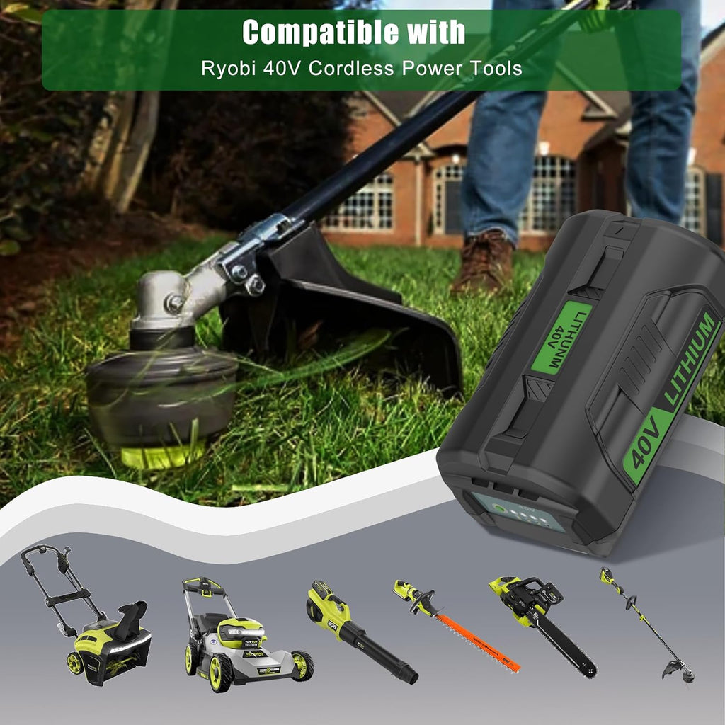 Powilling 2 Packs 6.0Ah Battery Compatible with Ryobi 40V Battery and Charger Kit for OP4026 OP40601 OP4050A OP4040 OP4030 OP4050 with OP401 40V Charger