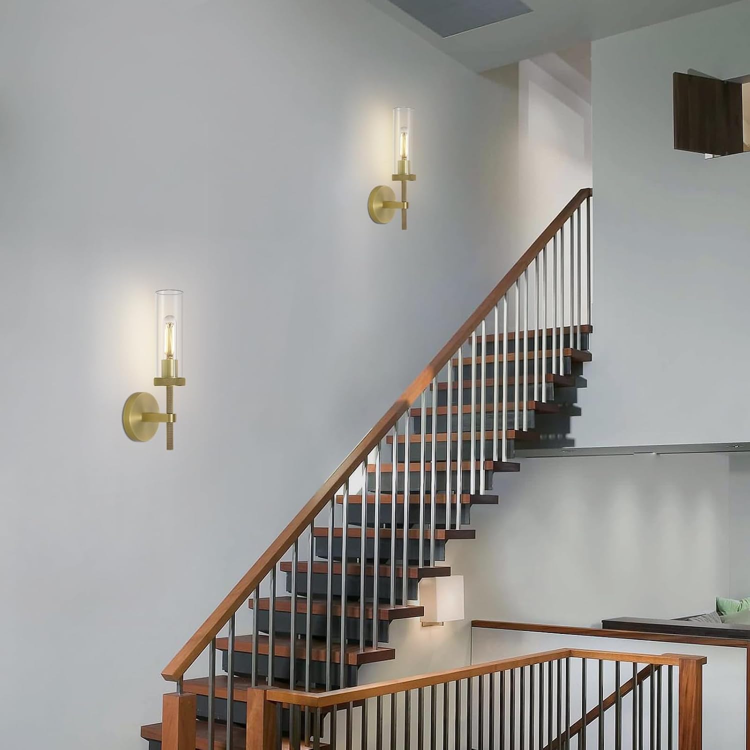 Knurled Brass Wall Sconces Indoors, Glass Tube Sconces Wall Lighting 14', Gold Bathroom Vanity Wall Sconces, Wall Lights For Living Room Bedroom Hallway Kitchen Bathroom Mirror(Including Bulb)
