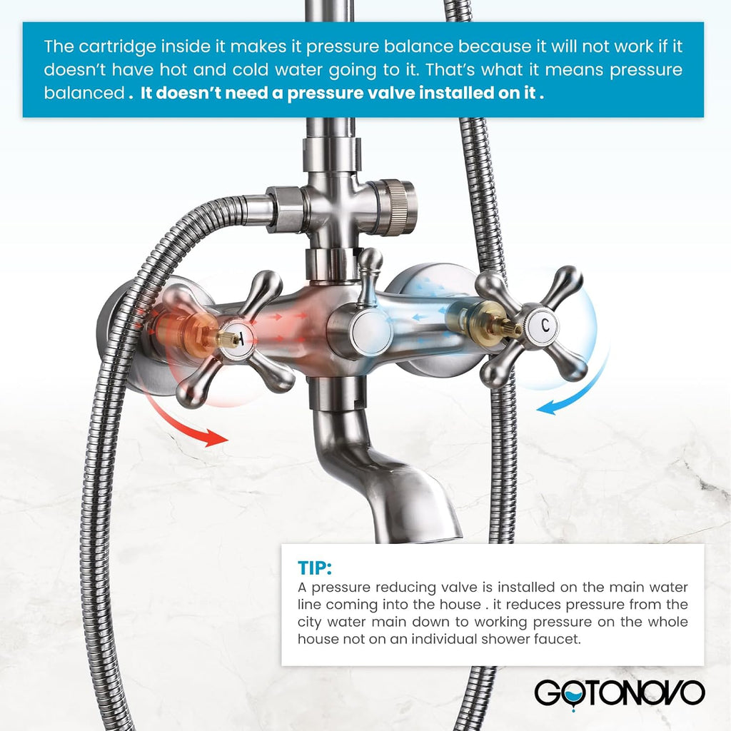 gotonovo Bathroom Exposed Shower Faucet Outdoor Shower System 8 Inch Rainfall Shower Head Set with Tub Spout and Handheld Spray Double Cross Handles Wall Mount without Shower Shelf Brushed Nickel