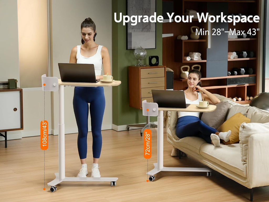 WALKINGDESK Rolling Desk Adjustable Height with Drawer and Wheels, Portable Small Standing Desk Pneumatic for Home Office, Mobile Computer Laptop Desk Cart, Medical Sofa Overbed Table, Oak