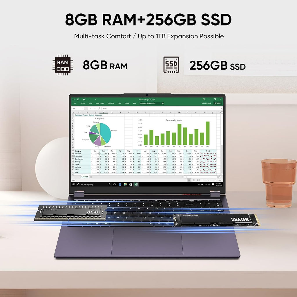 15.6' Laptop Computer 2-in-1,Win 11 Pro 8GB RAM 256GB SSD Core m3 8100Y(up to 3.40 GHz),MS Office 365 Ultra-Thin,FHD Touchscreen, Wi-Fi 5, BT5.1, RJ45,(2in1 8GB RAM 256GB SSD)