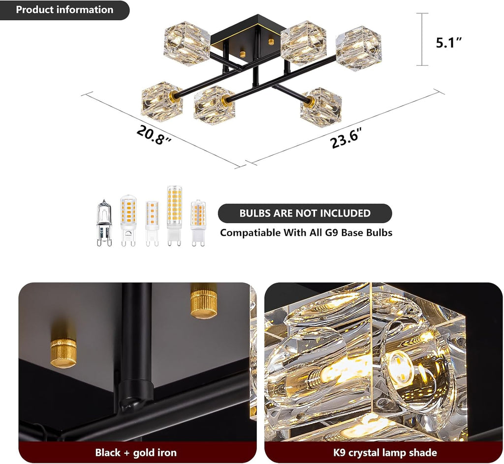 Semi Flush Mount Ceiling Light Fixture,6-Light Modern Crystal Chandeliers,Black and Gold Farmhouse Lighting Fixtures for Dining Room Living Room Kitchen Bedroom Entryway