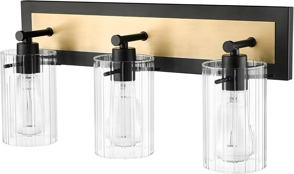 ML Lighting | Gasol Collection | 25003-MB/VB | 3 Light Vanity in Matte Black - Vintage Brass with Clear Ribbed Glass Shade | Versatile Design That adds High-End Texture and Elegance to Your Bathroom