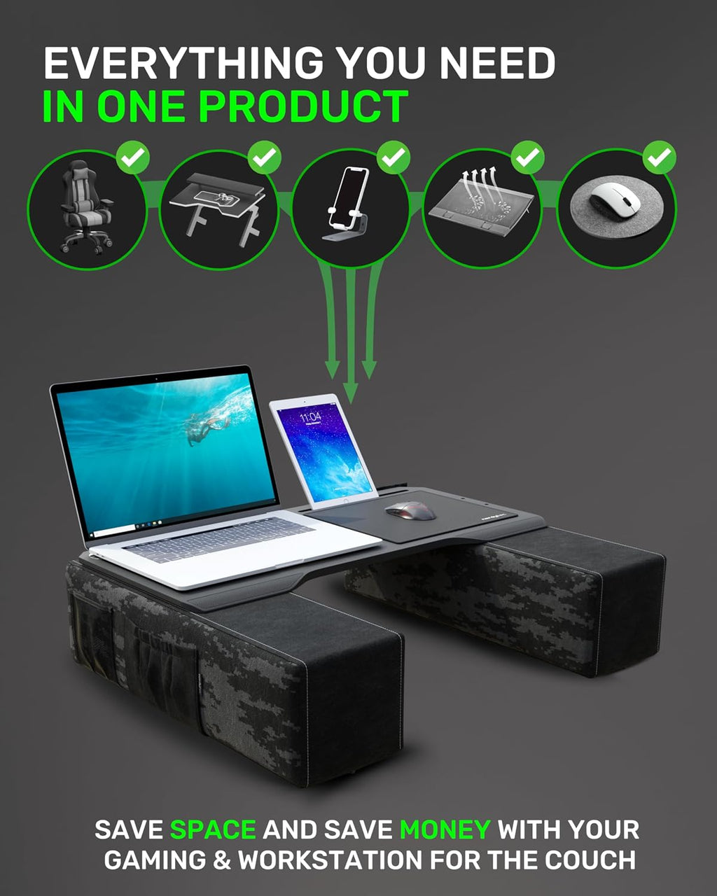 Couchmaster CYBOT, Premium Ergonomic Lap Desk for Notebooks, Sustainable Bamboo Construction, Kevlar Cushion Front, Ventilated Design, Fits Up to 17-Inch Laptops